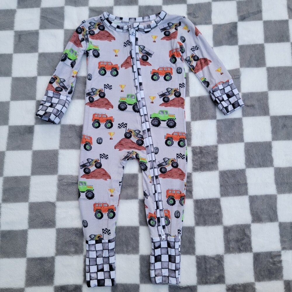 Crew & Company Bamboo Monster Trucks Zip Romper Size 0-3m